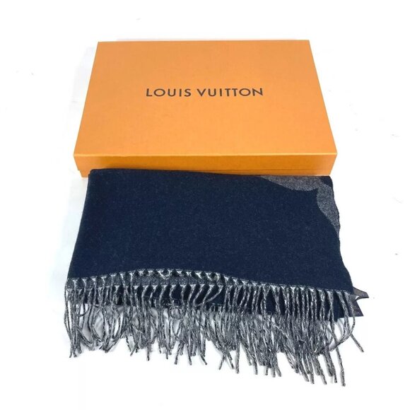 LOUIS VUITTON Monogram Muffler Monogram Giant fringe Scarf Cashmere Navy - Picture 8 of 8